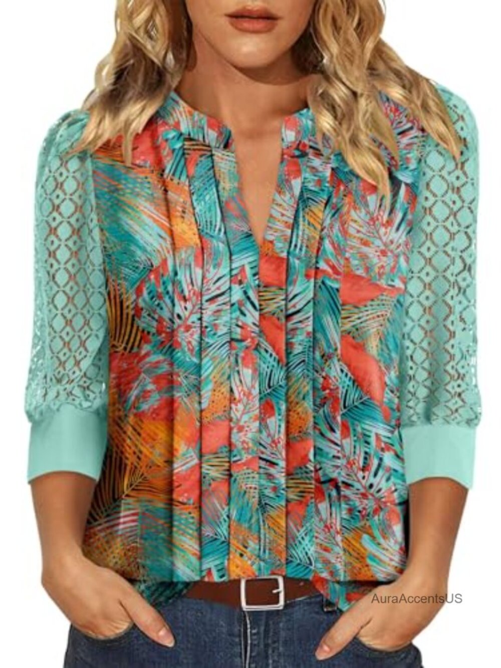 Lace Sleeve Blouse Women V Neck 3/4 Sleeve Lightweight Polyester Casual Dressy